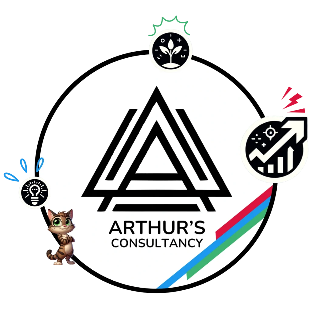 Arthur’s Consultancy logo with @Layaboutcats mascot and icons for growth and innovation