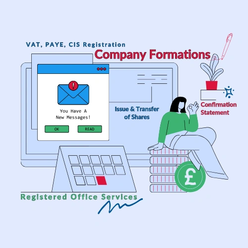 Company Secretarial Company secretarial services graphic including company formations, VAT, PAYE, CIS registration, and registered office services