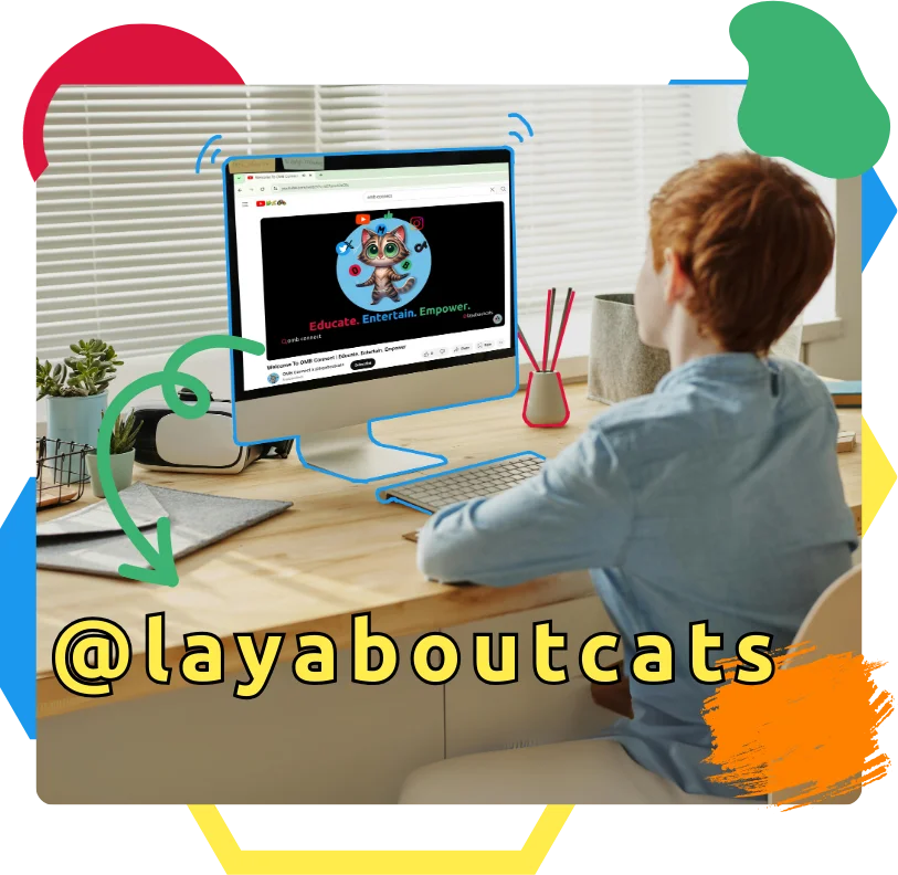 Layaboutcats x OMB Connect mascot juggling OMB letters with social media icons being watched by student